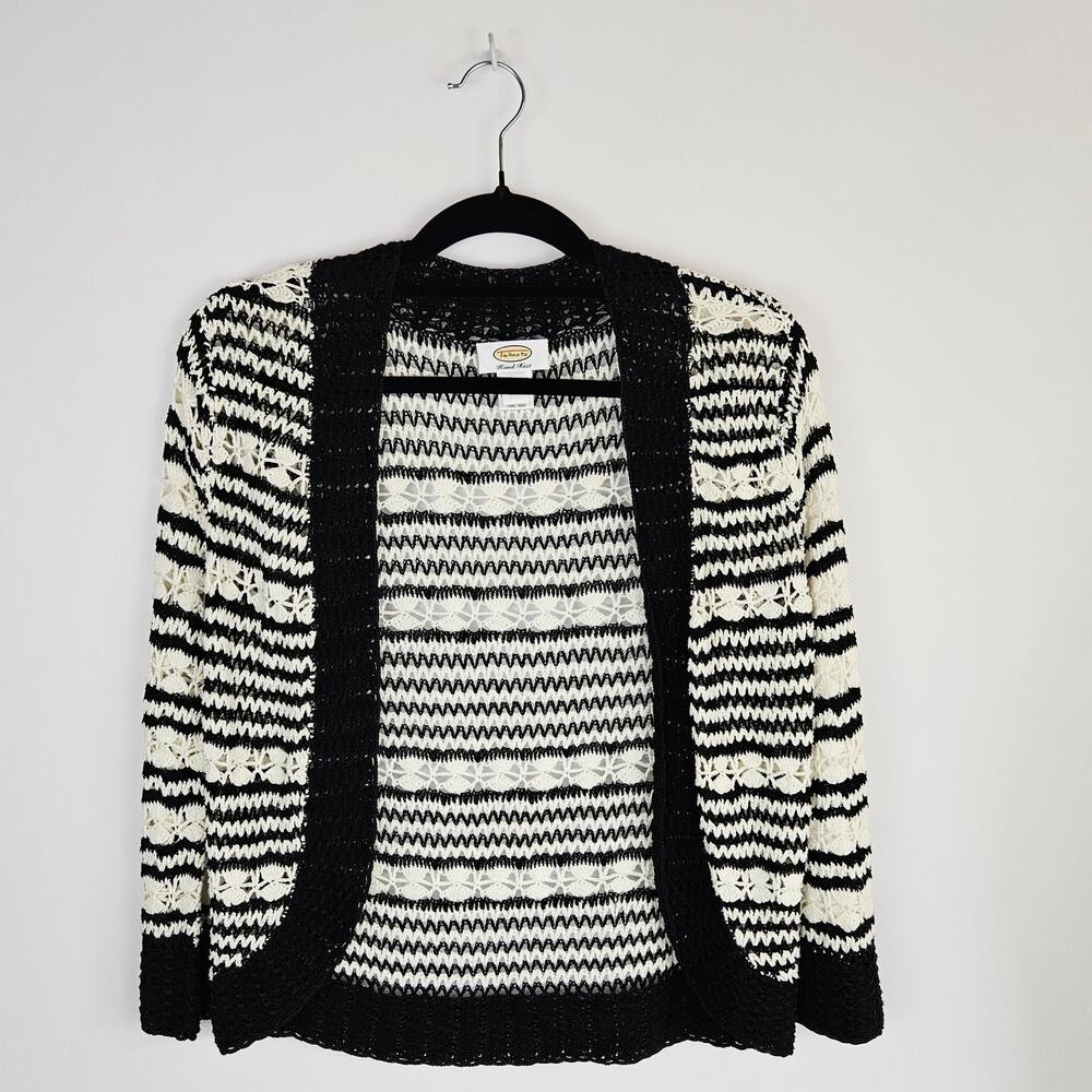 Talbots Small Hand Knit Crochet Pull Over Cardigan Sweater Black White Striped